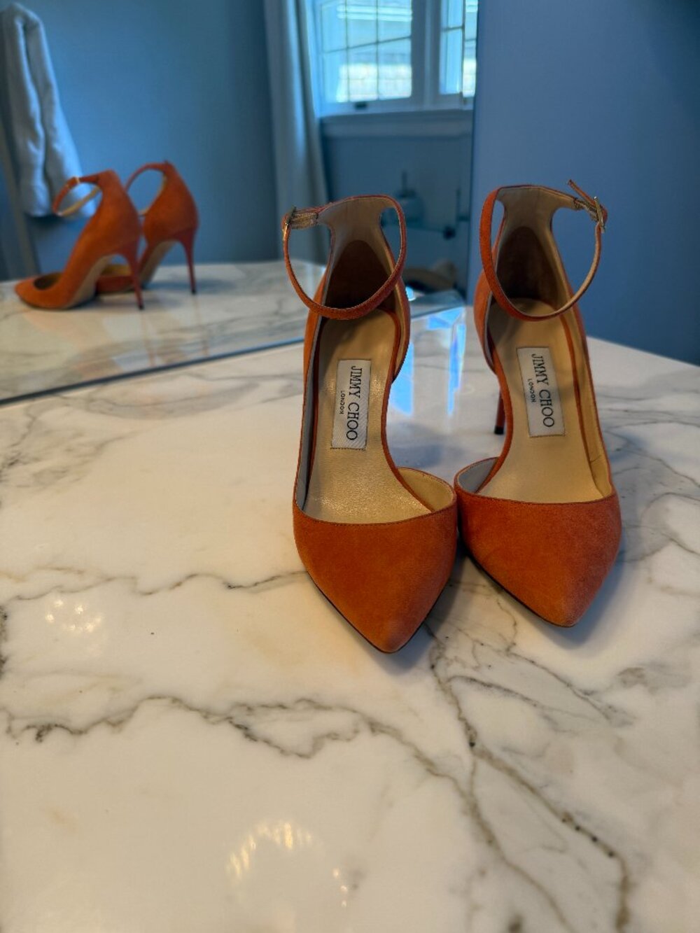 Jimmy Choo Lucy 85 Suede Ankle-Strap Pumps – Burnt Orange / Teracotta (Size 36.5